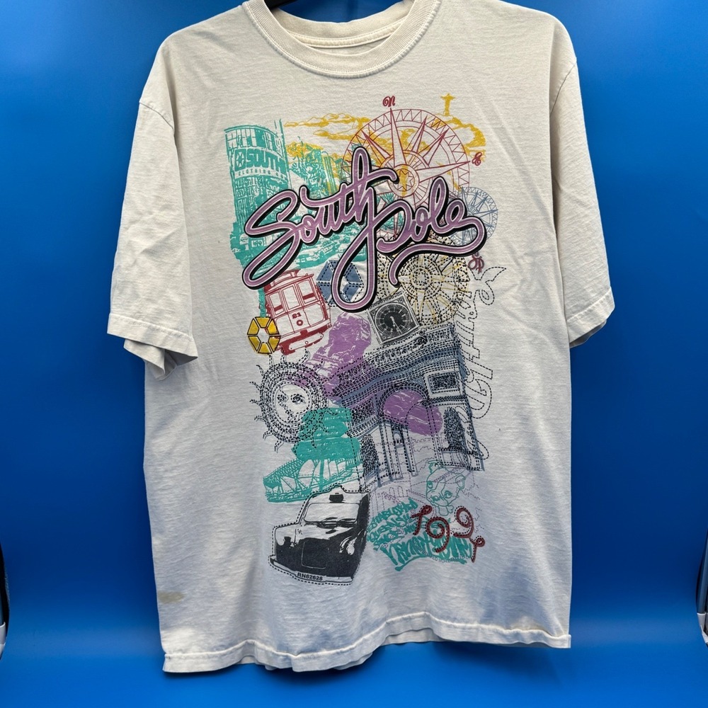 South Pole Graphic T Shirt Men Off White Travel Collage Print Short‎ Sleeve Tee